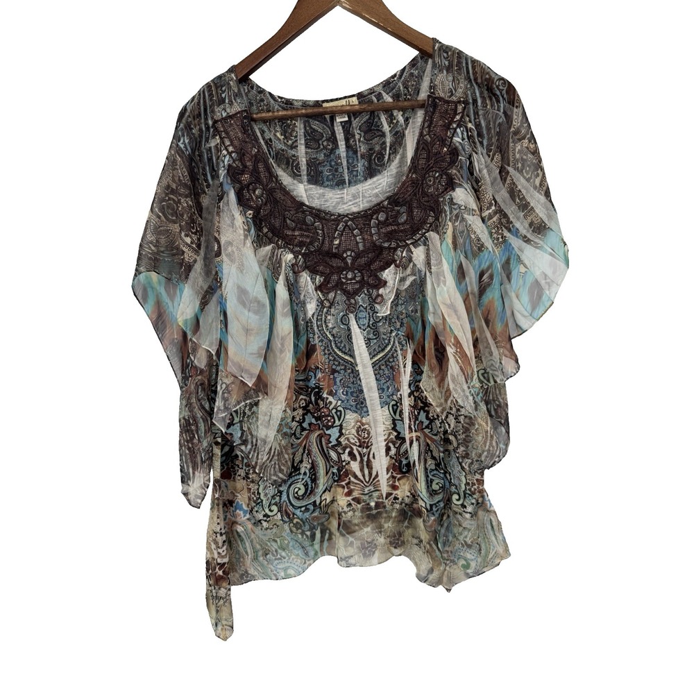 One World L Sheer Short Sleeve Fairycore boho festival asymmetrical lace flowy‎